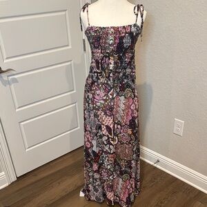 LOFT Pink and Gray Smocked Maxi Sundress tall